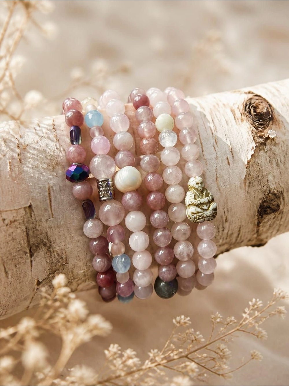 Rose Qtz, Strawberry Jade & Morganite Beaded Stretch Bracelets.